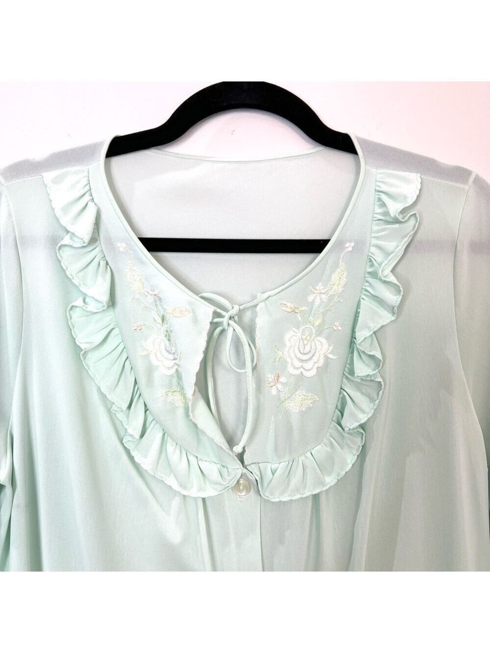 Vintage Mint Green Ruffle Embroidered Button Front Maxi Robe - Picture 9 of 13